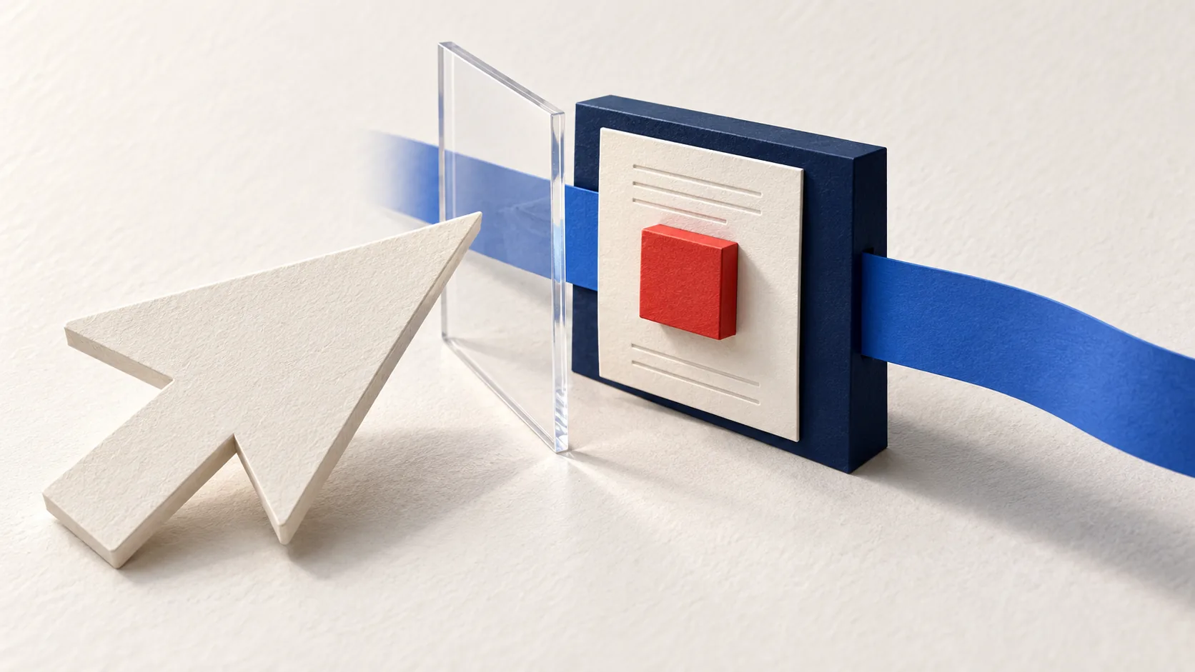 An ivory paper cursor is blocked by a clear barrier in front of a red stop control, while a blue ribbon continues past it.